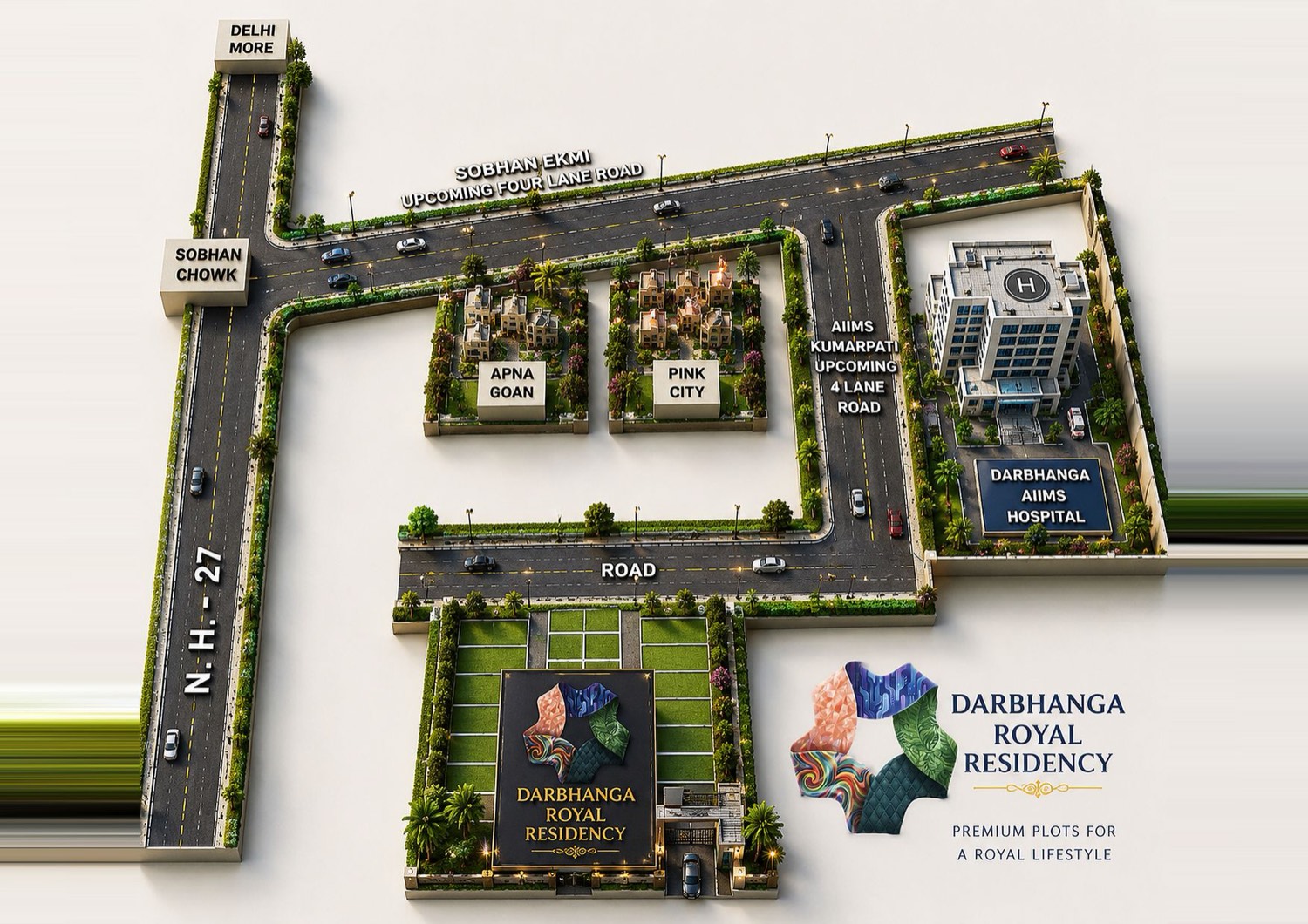 Three-dimensional layout of Darbhanga Royal Residency showing the approach avenue off NH-27, internal roads and neighbouring projects.