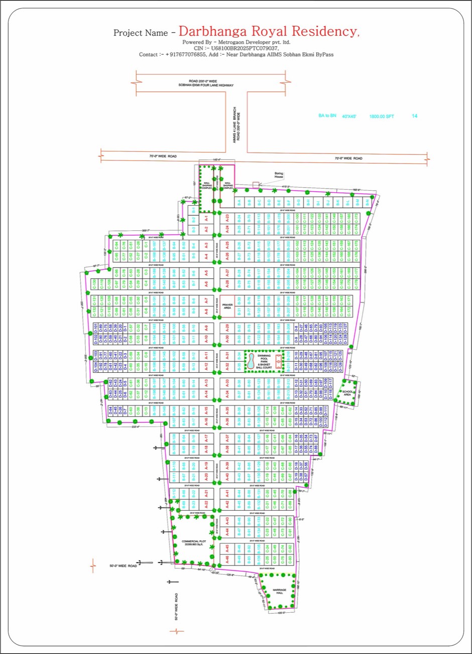 Surveyed site-layout plan showing every numbered plot, road widths, the amenity block and the commercial plot.